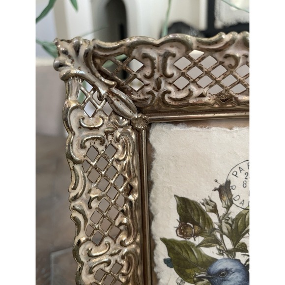 Vtg Photo  Frame Ornate Filigree Metal Gold 5"x7" Easel Bird Botanical Print - Picture 4 of 10